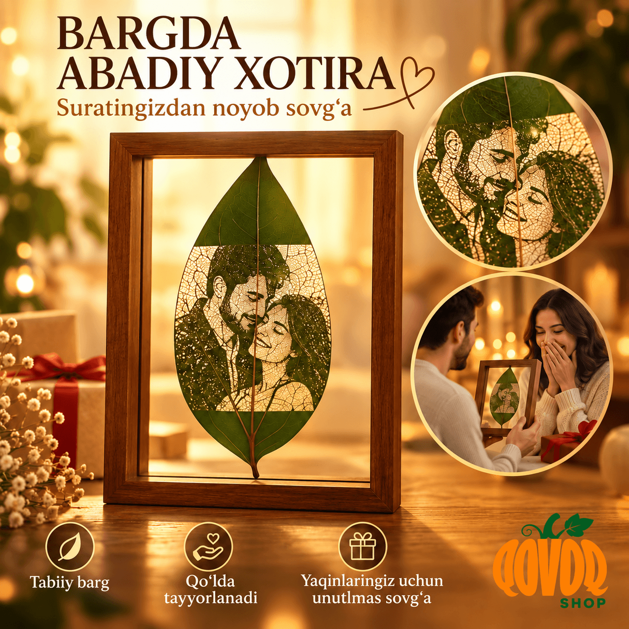 Surat asosida tabiiy bargga portret - original sovg‘a